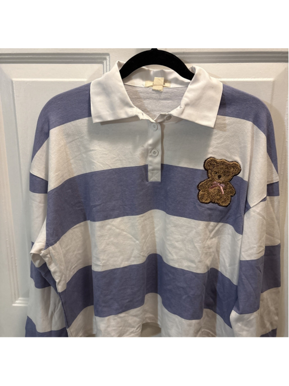 NWT Persaya Striped Long Sleeve Polo Shirt JR L Blue White Teddy Bear Patch 1207